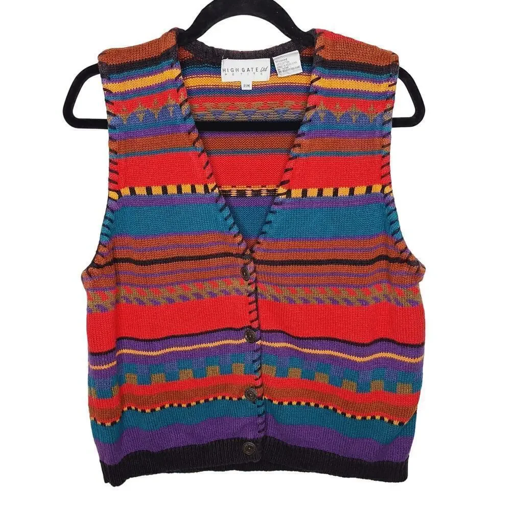 Vintage 90s Sweater Vest High Gate Southwestern Eclectic Grandpa PM Ramie Cotton - Picture 1 of 9